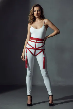 Red Faux Leather Hip Harness Detachable Tassels Adjustable Straps