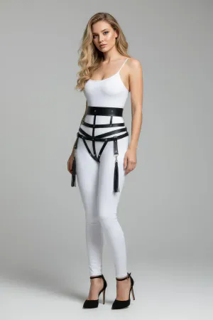 Black Faux Leather Caged Waist Harness with Detachable Tassels
