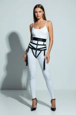 Black Faux Leather Caged Waist Harness with Detachable Tassels
