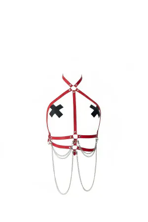 Red Faux Leather Halter Body Harness with Layered Silver Chains