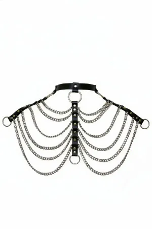 Black Faux Leather Chest Harness with Draped Silver Chains