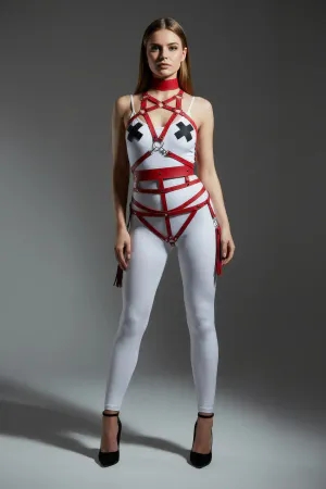 Red Faux Leather Full Body Harness with Choker and Side Tassels