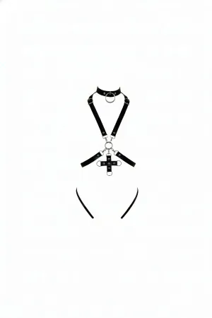 Black Faux Leather Cross Detail Body Harness with Integrated O-Ring Choker