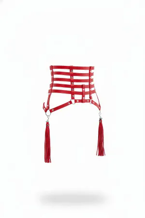 Red Faux Leather Caged Waist Harness with Detachable Tassels