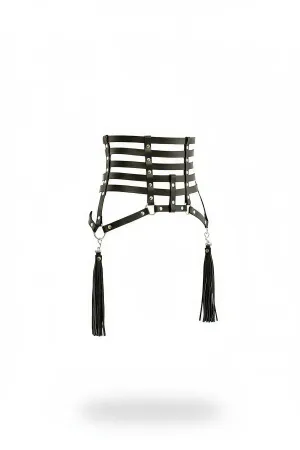 Black Faux Leather Caged Waist Harness with Detachable Fringe Tassels Silver Hardware