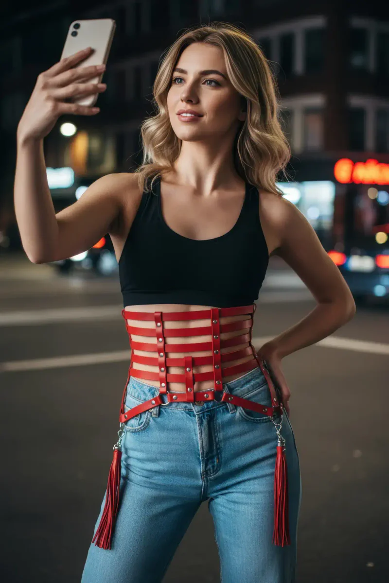 Red Vegan Leather Waist Harness Front