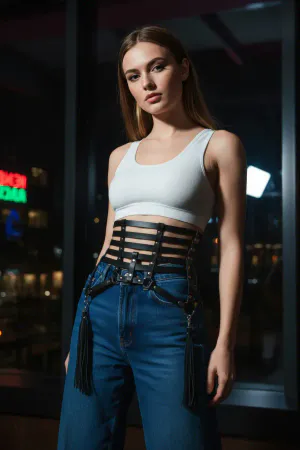 Siyah Kadın Kemer Çok Katmanlı Zımba Detaylı Bel Aksesuarı - APFT408