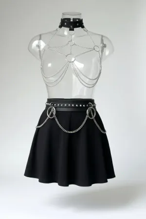 Silver Chain Chest Harness with Studded Faux Leather Choker and Belt