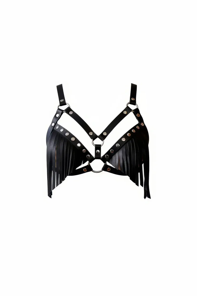 Black Faux Leather Fringed Harness Bra with Silver Studs