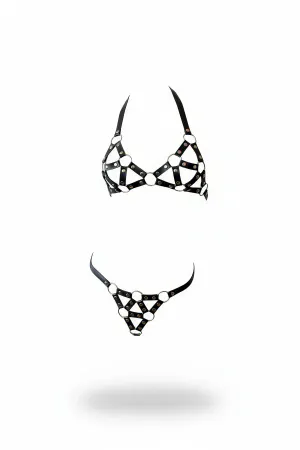 Black Faux Leather Caged Bralette and Thong Harness Set with Silver O-Rings