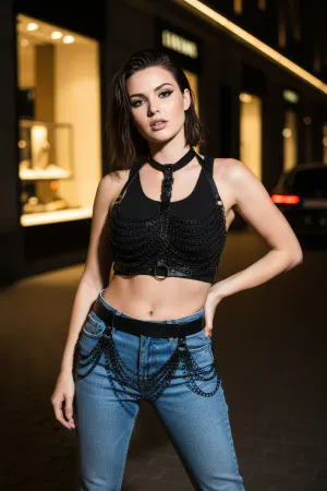 Black Faux Leather Multi-Layer Chain Chest Harness with Choker