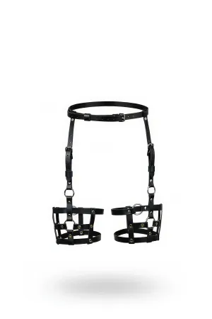 Black Faux Leather Garter Harness with Adjustable Leg Cage Detail and Silver O-Rings