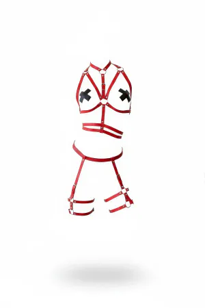 Red Faux Leather Body Harness with X-Strap Bust and Thigh Garters