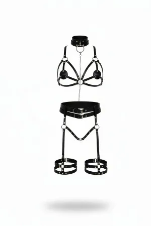 Black Faux Leather Full Body Harness Set with Silver Chain