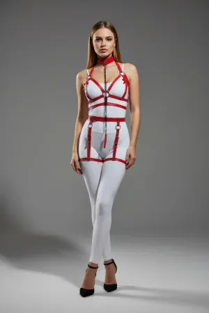 Red Faux Leather Full Body Harness with Choker and Chain Detail