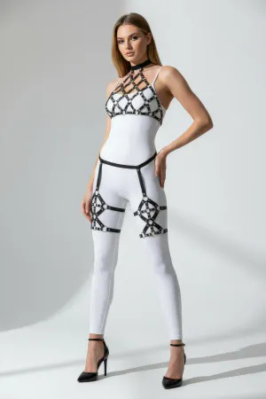 Black Faux Leather Caged Bodice & Leg Harness Set Adjustable Straps