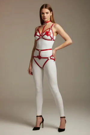 Kırmızı Harness Takım Deri Vücut Aksesuarı Tokalı Gerdanlık Detaylı - APFT467