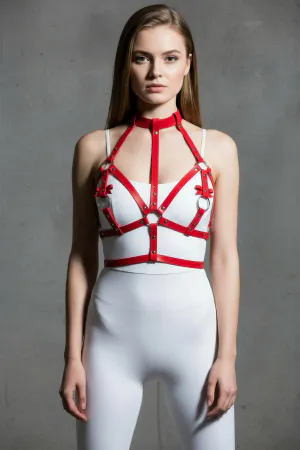 Red Faux Leather Chest Harness High Neck Collar Silver O-Rings Model Full Body