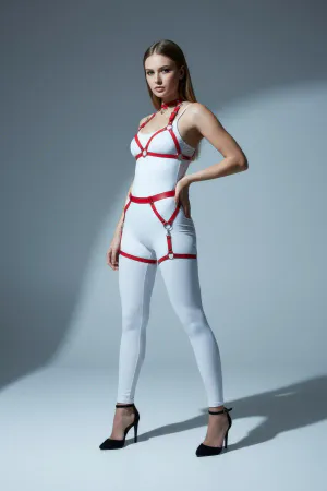Red Faux Leather Full Body Harness with O-Rings and Choker