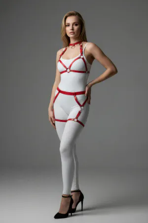 Red Faux Leather Full Body Harness with O-Rings and Choker