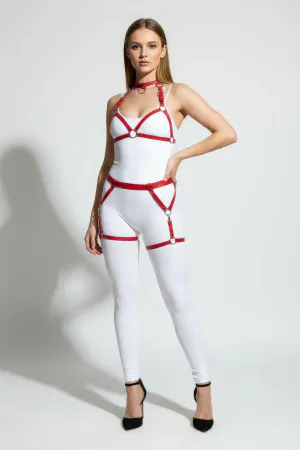 Red Faux Leather Full Body Harness with O-Rings and Choker