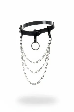 Black Faux Leather Waist Harness Triple Chain O-Ring Adjustable Buckle