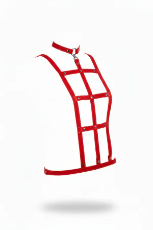 Red Faux Leather Cage Body Harness with Choker and Rivets