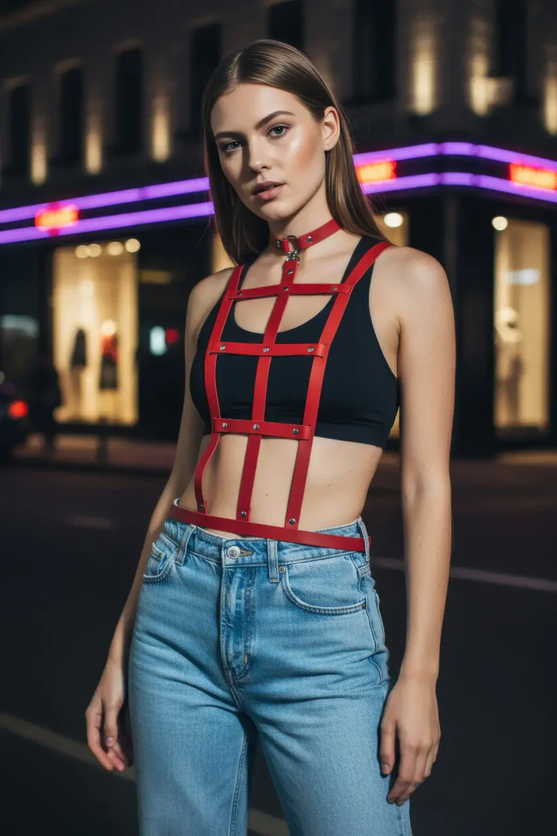 Red Vegan Leather Caged Harness front view