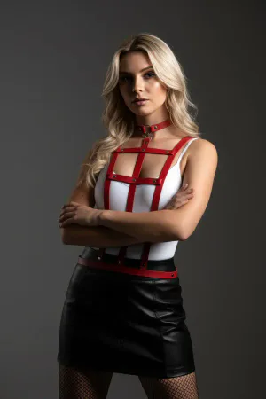Red Faux Leather Caged Body Harness Women Choker Collar Adjustable Straps
