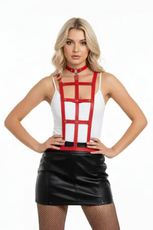 Red Faux Leather Caged Body Harness Women Choker Collar Adjustable Straps