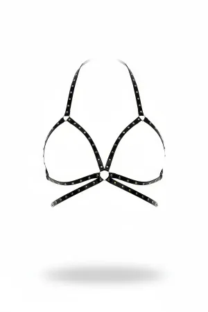 Black Studded Halter Chest Harness Faux Leather O-Ring Detail