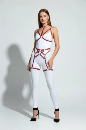 Kırmızı Jartiyer Harness Deri Halka Detaylı Boyunluklu Vücut Aksesuarı - APFT507