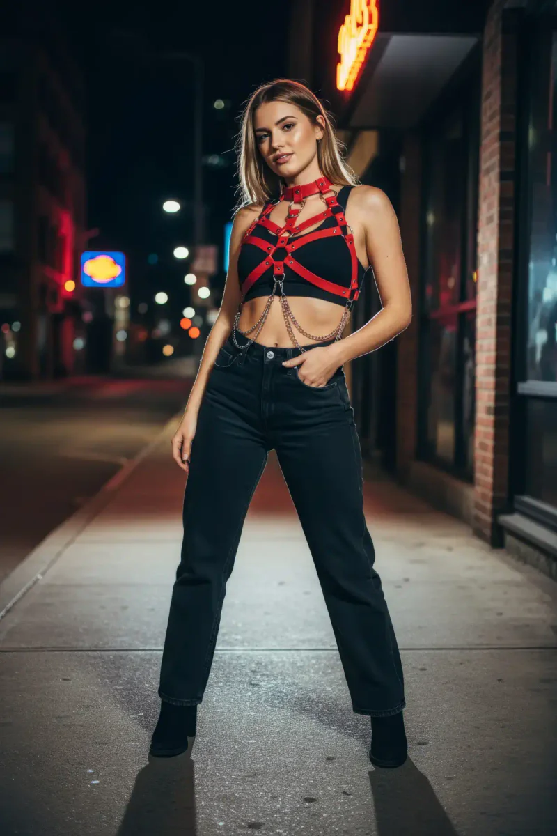 Red Vegan Leather Body Harness Choker Detail