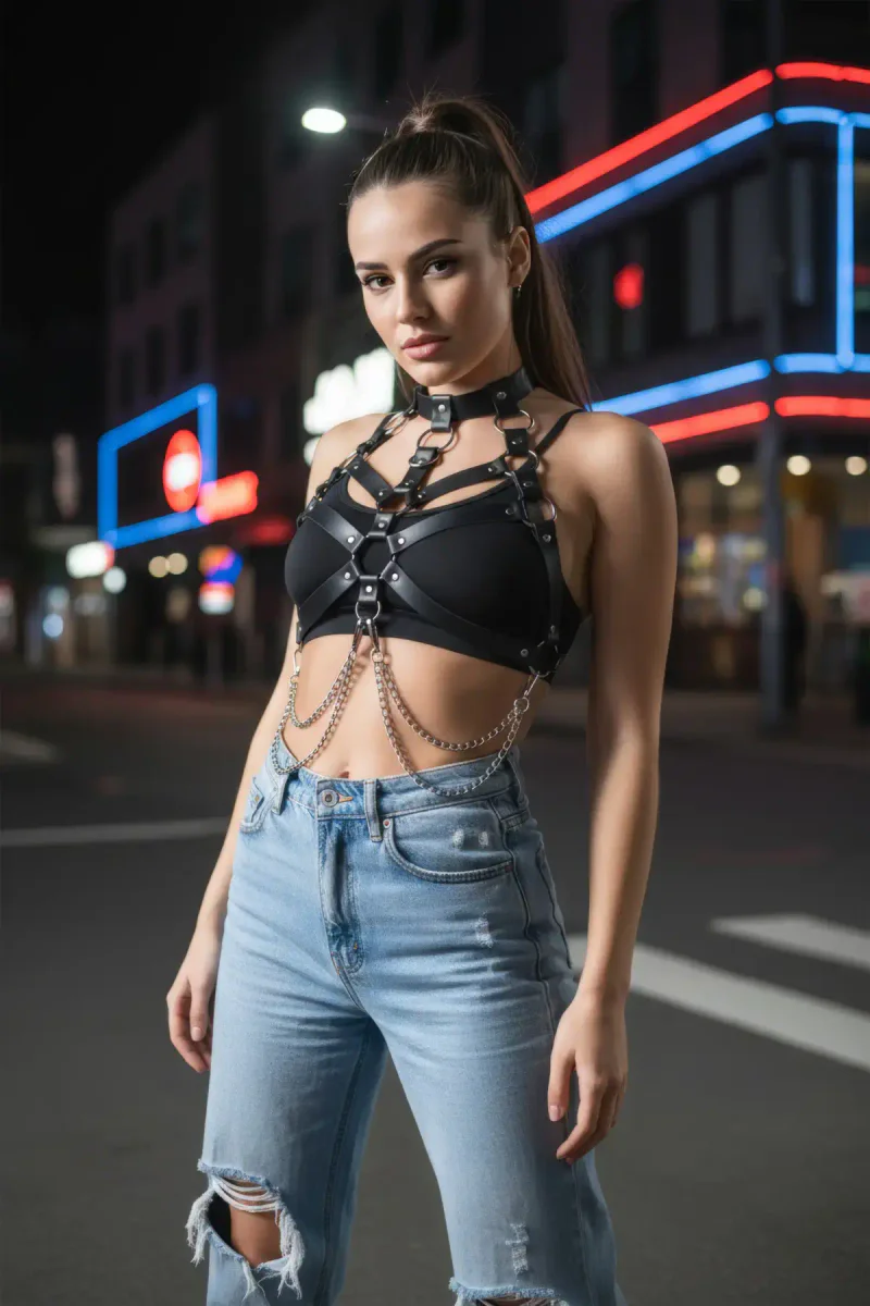 Black Faux Leather Chest Harness with Ch