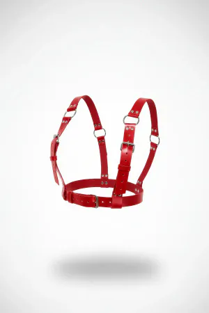 Red Faux Leather Strappy Chest Harness Front View Adjustable O-Ring Details