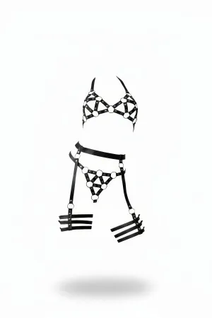 Black Caged Vegan Leather Body Harness Set with Halter Bra and Garter Thigh Straps