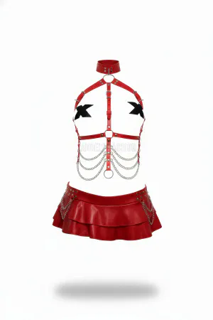 Red Faux Leather Body Harness and Tiered Skirt Set with Silver Chains and X-Bust Details