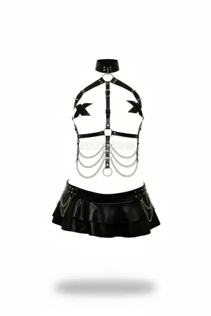 Black Faux Leather Choker, Body Harness with X-Patches, and Tiered Mini-Skirt Set