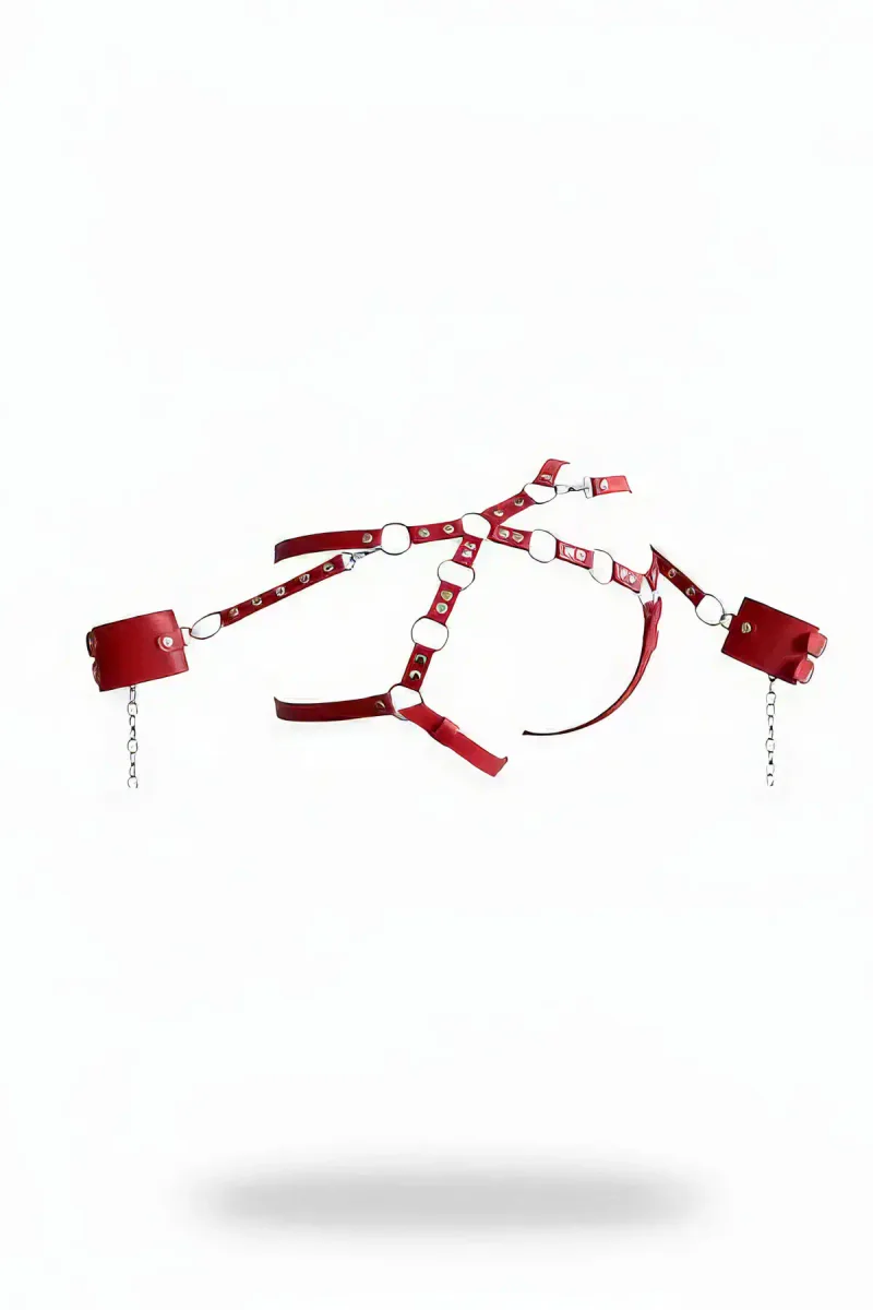 Red Faux Leather Body Harness with O-Ring Details and Detachable Chains