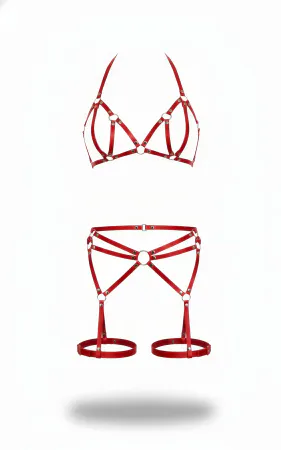 Red Faux Leather Caged Bralette and Garter Set Silver O-Rings