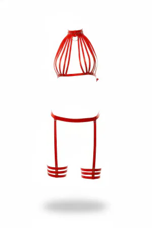 Red Caged Harness Bra and Garter Leg Set Faux Leather Adjustable Straps