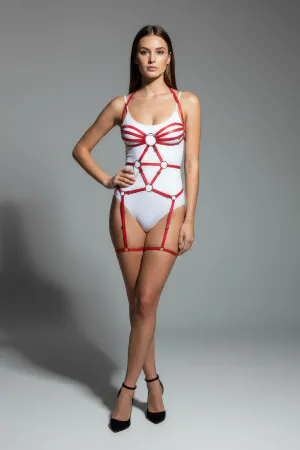 Kırmızı Body Harness Parlak Deri O Halka Detaylı Vücut Aksesuarı - APFT568