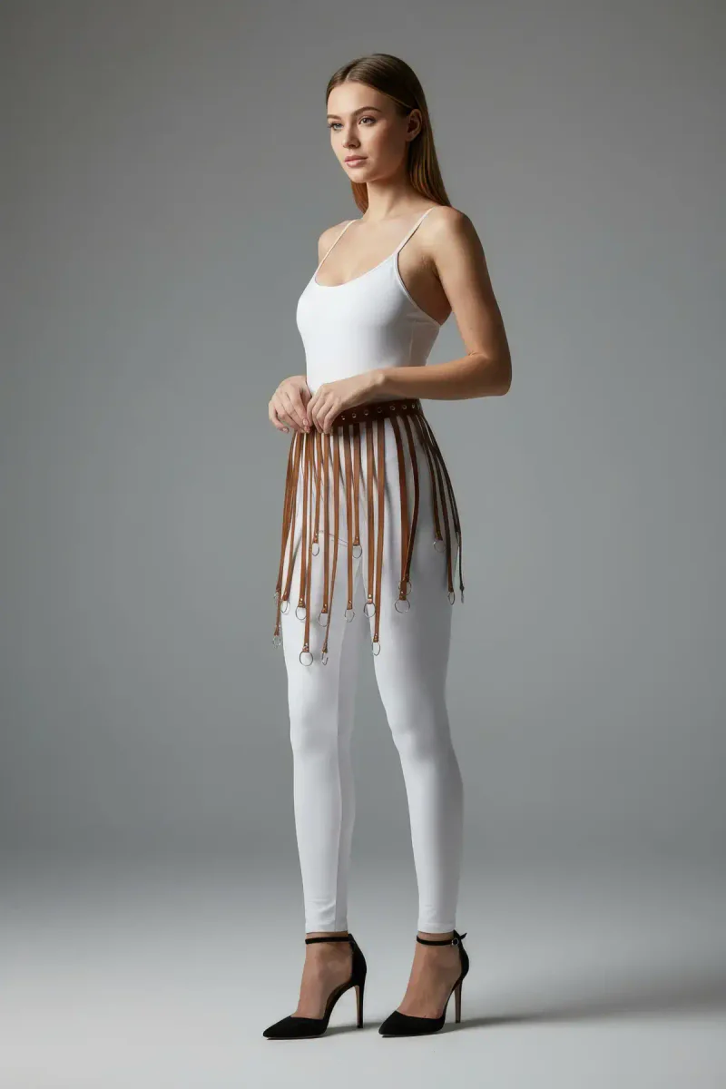 Tan faux leather waist harness festival side view, showing adjustable buckle