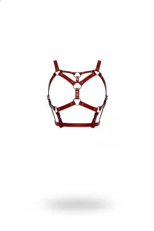 Red Faux Leather Caged Harness Bra Front View Adjustable Straps