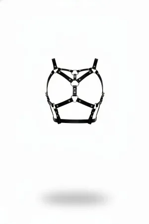 Black Faux Leather Caged Chest Harness with Silver O-Rings