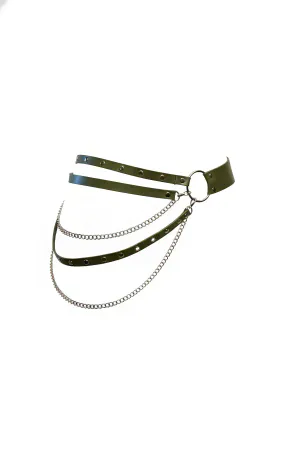 Olive Green Faux Leather Waist Harness with Draping Silver Chains