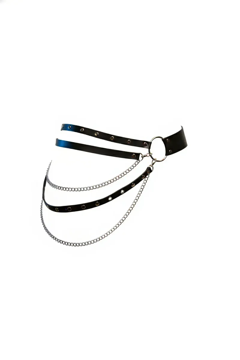 Black Faux Leather Waist Harness with Triple Silver Chains and O-Ring Buckle