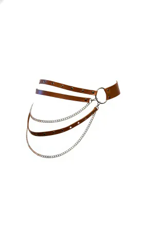 Cognac Faux Leather O-Ring Waist Harness Layered Silver Chains