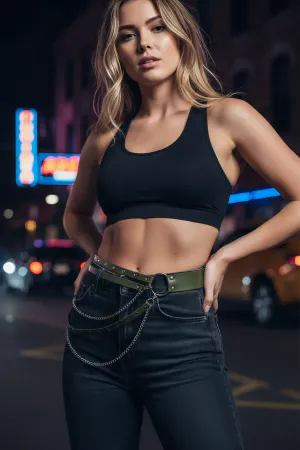 Khaki Studded Vegan Leather Waist Belt with Detachable Chain and O-Ring Buckle