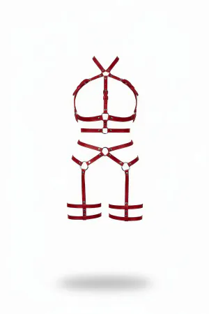 Red Faux Leather Full Body Harness Caged O-Ring Design